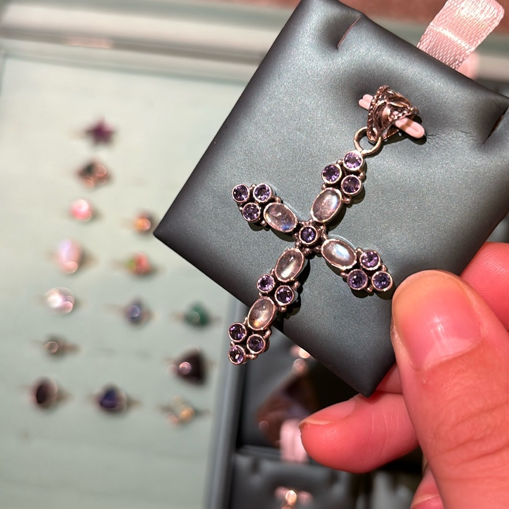 Faceted, iolite and moonstone cross pendant